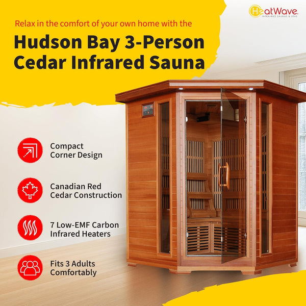Infrared Sauna Built for Home Wellness, 7 Carbon Heaters, Canadian Red Cedar, 3-Person Corner Design