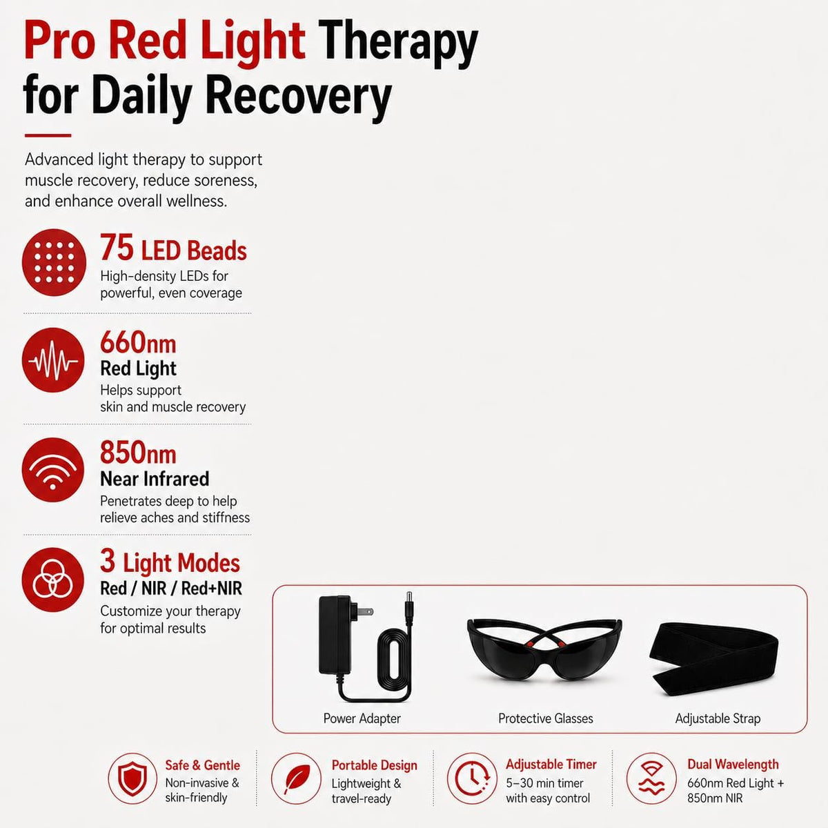 Red Light Therapy Pad for Body, Infrared Light Therapy Wrap for Back Shoulder Knee Pain Relief, 75 Leds 660Nm & 850Nm near Infrared Light Pad with Strap, 5 Brightness Levels & Timer, 14.2" X 6.7"