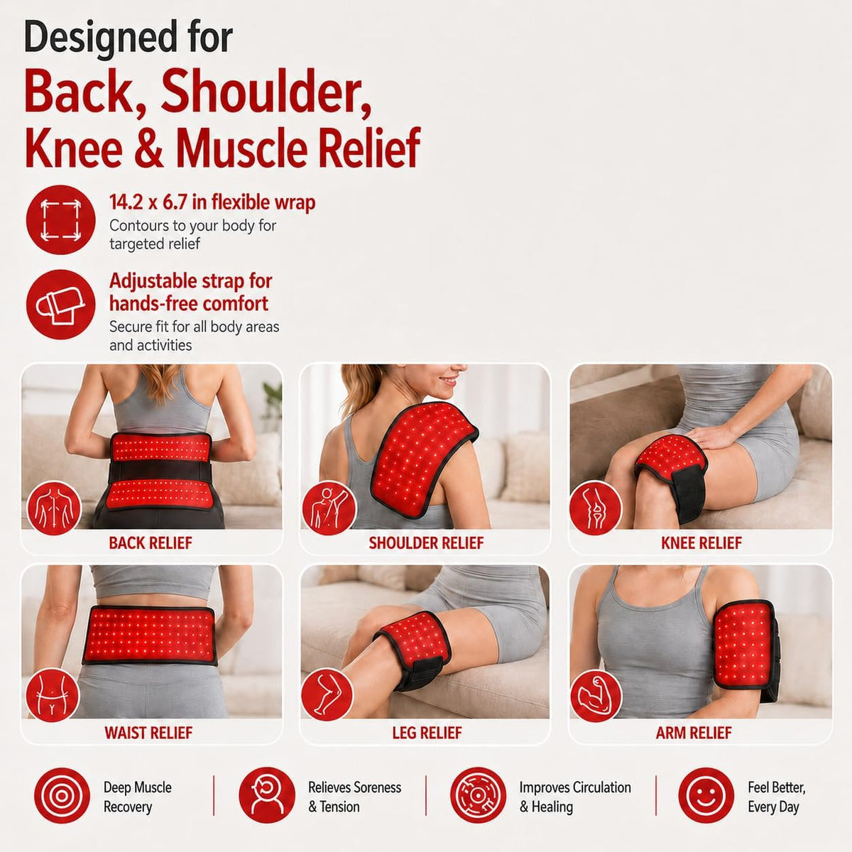 Red Light Therapy Pad for Body, Infrared Light Therapy Wrap for Back Shoulder Knee Pain Relief, 75 Leds 660Nm & 850Nm near Infrared Light Pad with Strap, 5 Brightness Levels & Timer, 14.2" X 6.7"