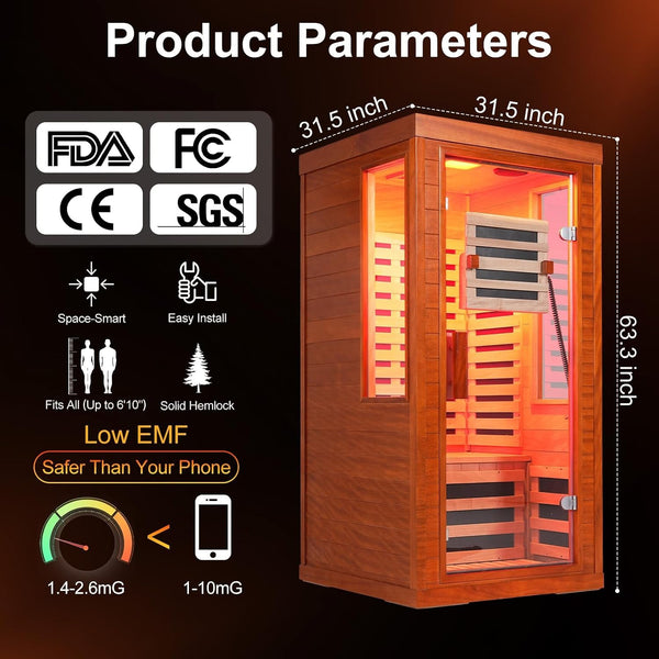Infrared Sauna Built for Home Wellness, Red Light Therapy 660nm & 850nm, Canadian Hemlock, 7 Carbon Fiber Heaters